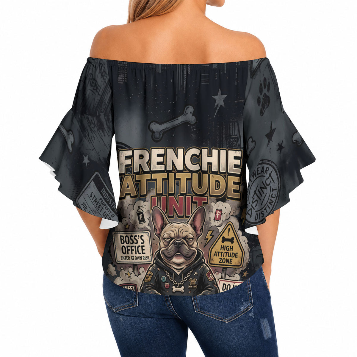 French Bulldog Tiny Body Major Attitude Off Shoulder Wrap Waist Top Urban Streetwear Cool Frenchie Mascot Art