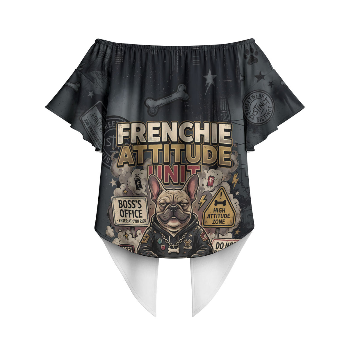 French Bulldog Tiny Body Major Attitude Off Shoulder Wrap Waist Top Urban Streetwear Cool Frenchie Mascot Art