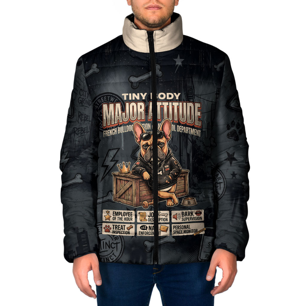 French Bulldog Tiny Body Major Attitude Padded Jacket Urban Streetwear Cool Frenchie Mascot Art