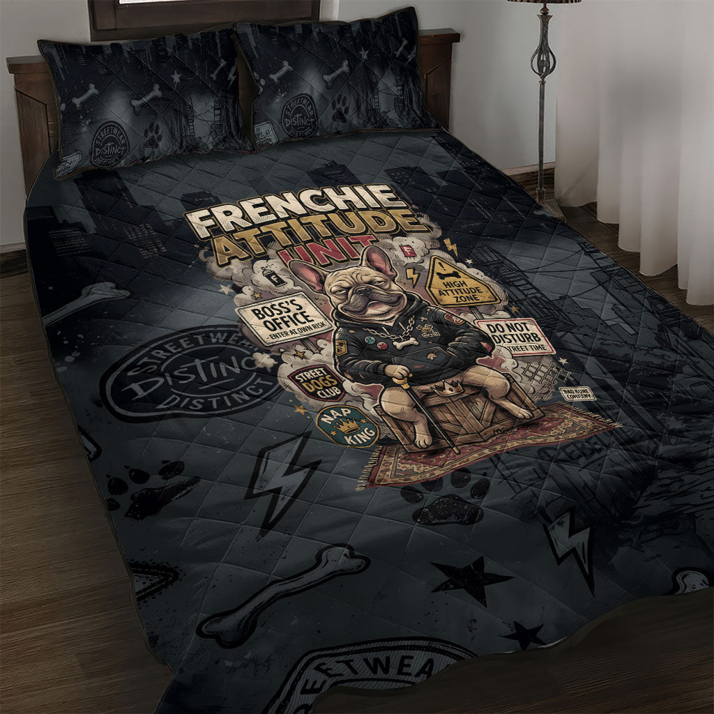 French Bulldog Tiny Body Major Attitude Quilt Bed Set Urban Streetwear Cool Frenchie Mascot Art