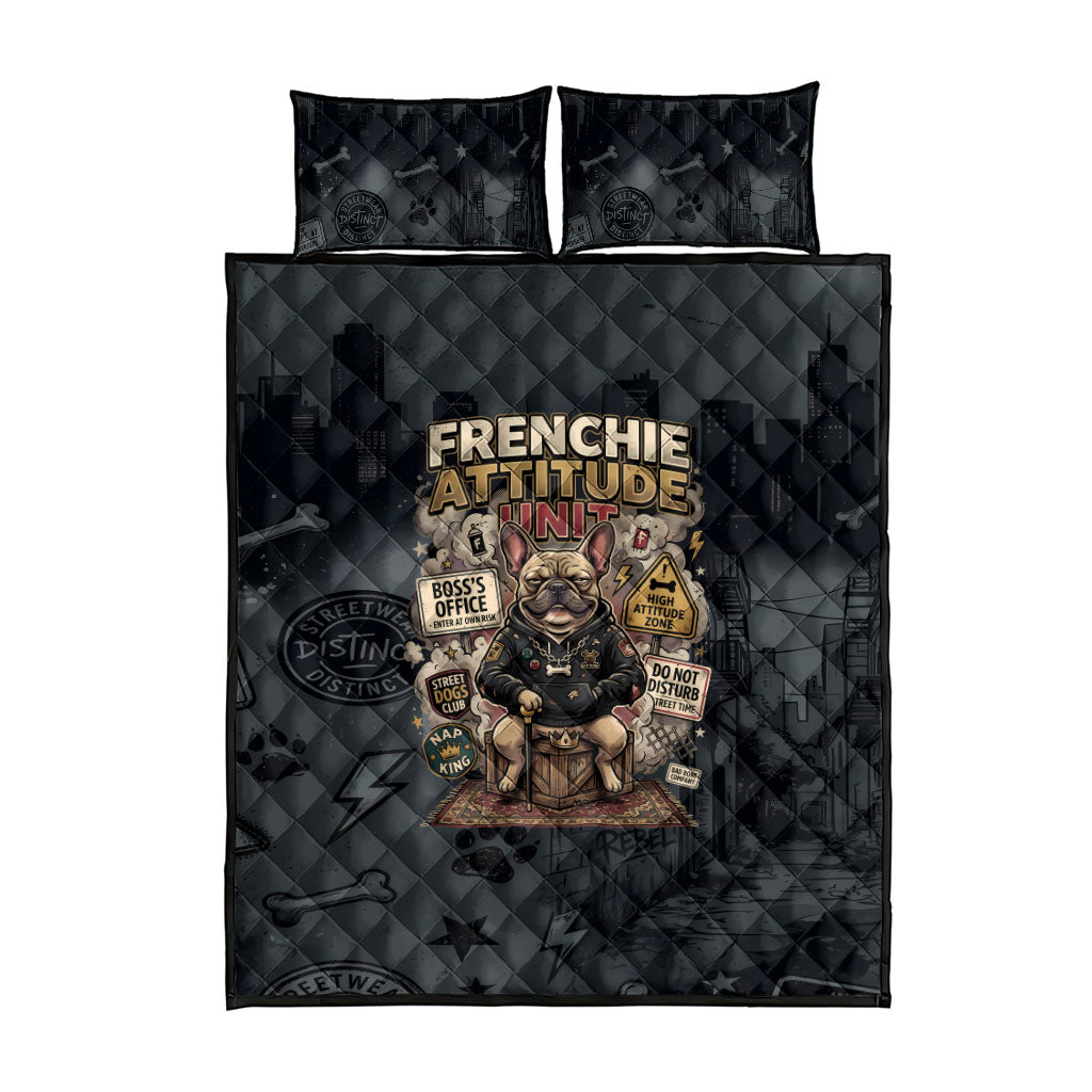 French Bulldog Tiny Body Major Attitude Quilt Bed Set Urban Streetwear Cool Frenchie Mascot Art