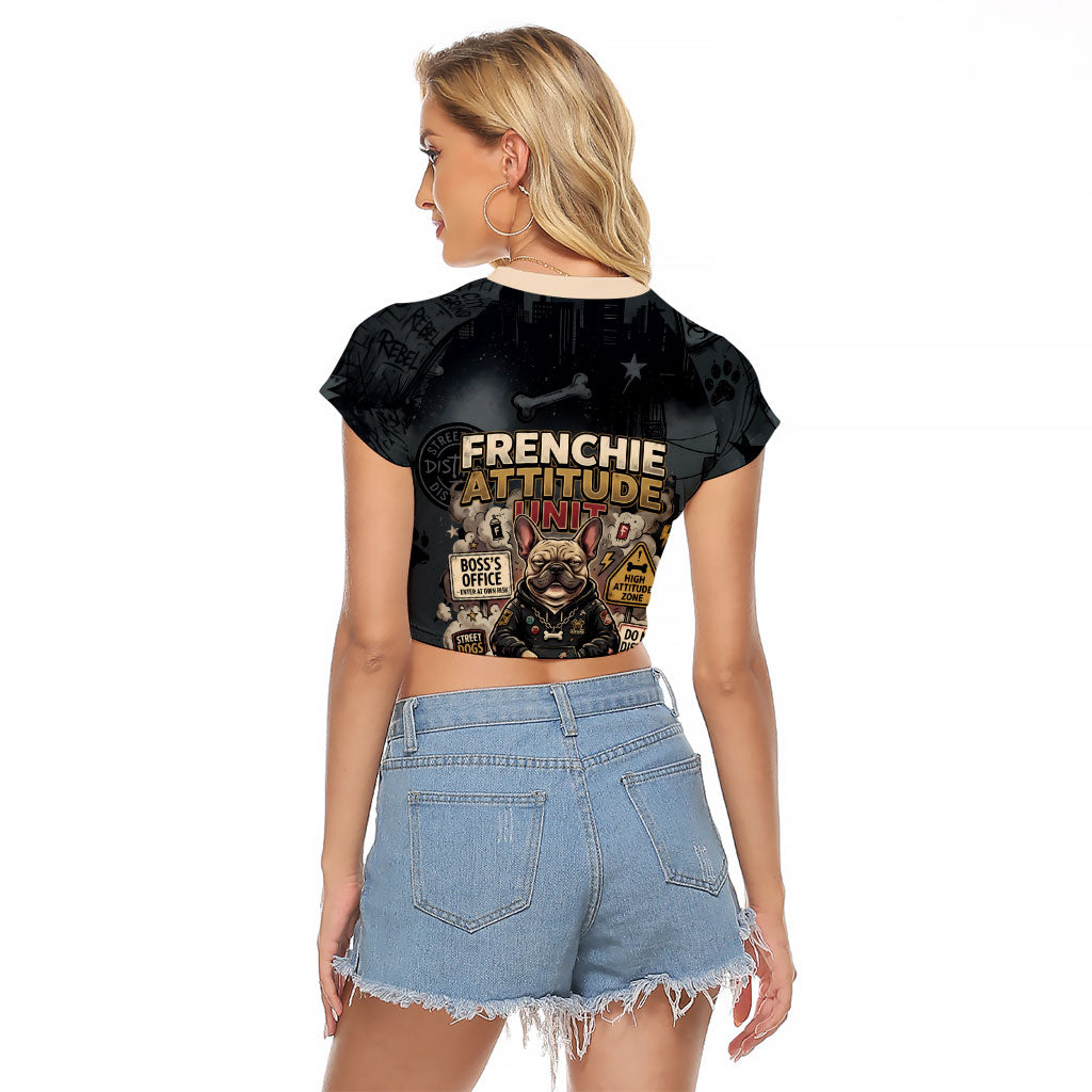 French Bulldog Tiny Body Major Attitude Raglan Cropped T Shirt Urban Streetwear Cool Frenchie Mascot Art
