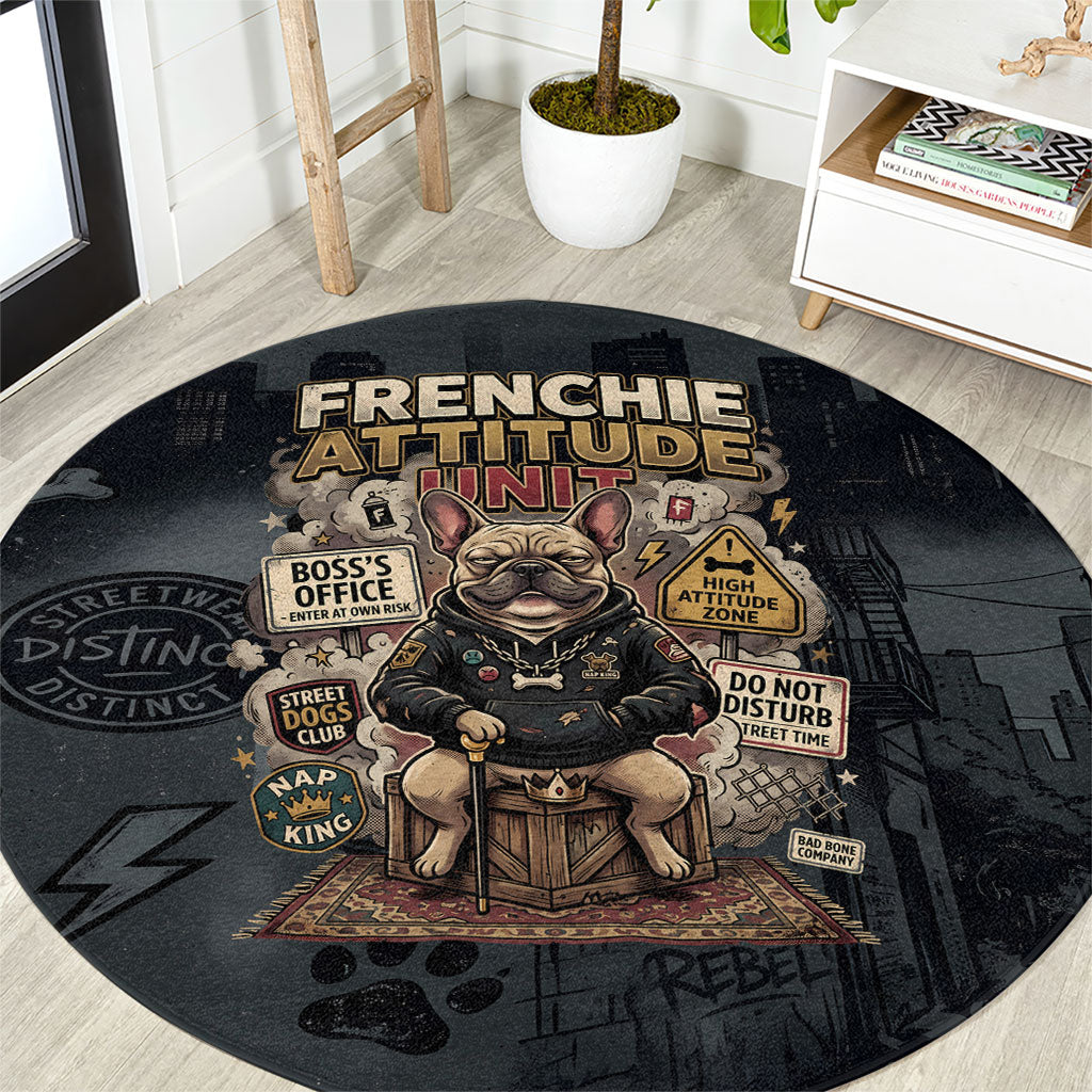 French Bulldog Tiny Body Major Attitude Round Carpet Urban Streetwear Cool Frenchie Mascot Art