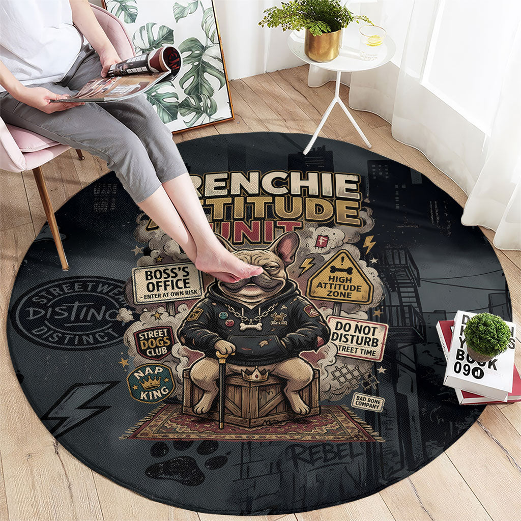 French Bulldog Tiny Body Major Attitude Round Carpet Urban Streetwear Cool Frenchie Mascot Art