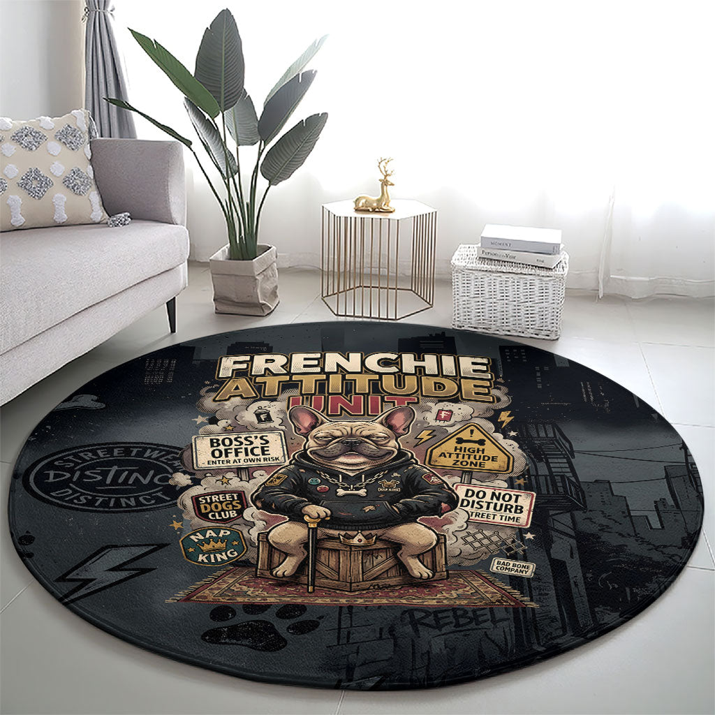 French Bulldog Tiny Body Major Attitude Round Carpet Urban Streetwear Cool Frenchie Mascot Art