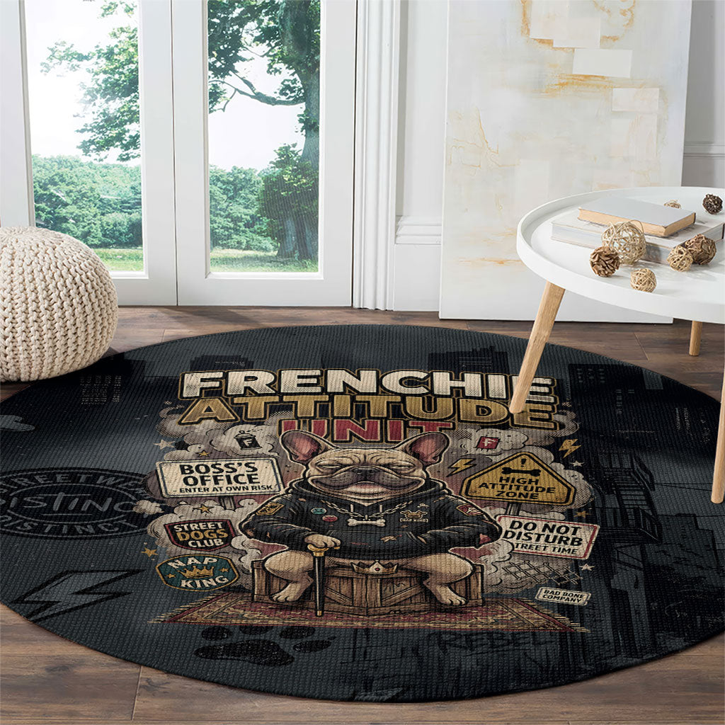 French Bulldog Tiny Body Major Attitude Round Carpet Urban Streetwear Cool Frenchie Mascot Art