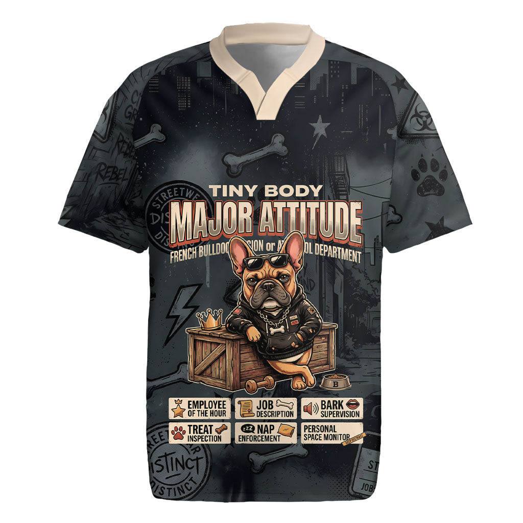 French Bulldog Tiny Body Major Attitude Rugby Jersey Urban Streetwear Cool Frenchie Mascot Art