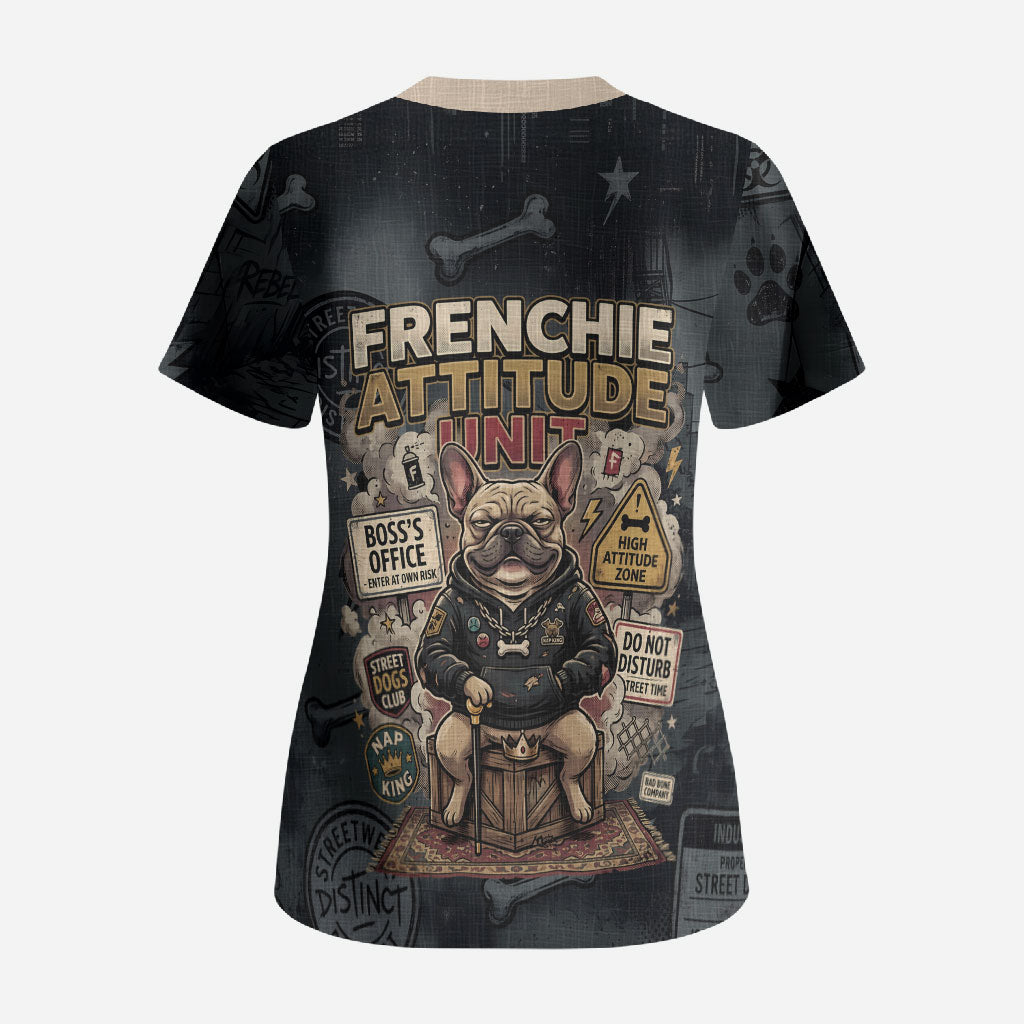 French Bulldog Tiny Body Major Attitude Scrub Top Urban Streetwear Cool Frenchie Mascot Art