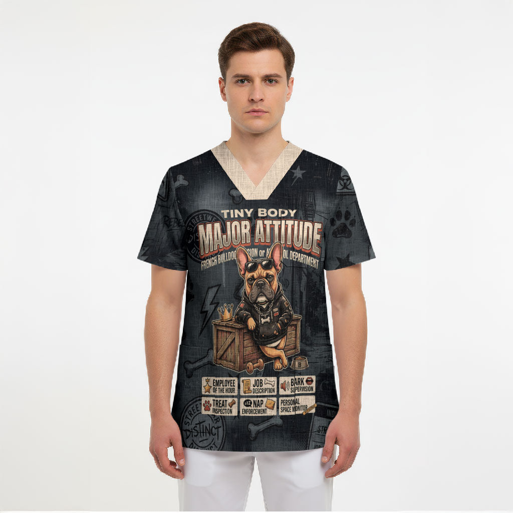 French Bulldog Tiny Body Major Attitude Scrub Top Urban Streetwear Cool Frenchie Mascot Art
