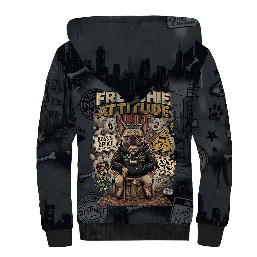 French Bulldog Tiny Body Major Attitude Sherpa Hoodie Urban Streetwear Cool Frenchie Mascot Art
