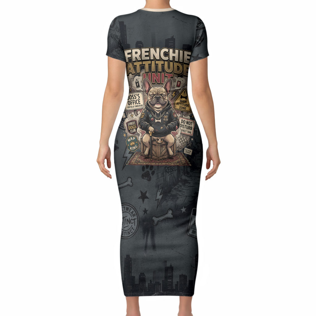 French Bulldog Tiny Body Major Attitude Short Sleeve Bodycon Dress Urban Streetwear Cool Frenchie Mascot Art