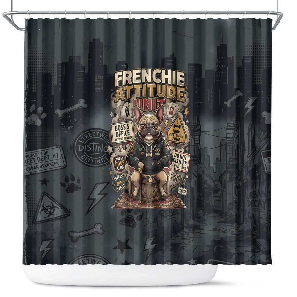 French Bulldog Tiny Body Major Attitude Shower Curtain Urban Streetwear Cool Frenchie Mascot Art