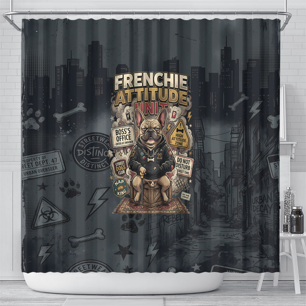 French Bulldog Tiny Body Major Attitude Shower Curtain Urban Streetwear Cool Frenchie Mascot Art