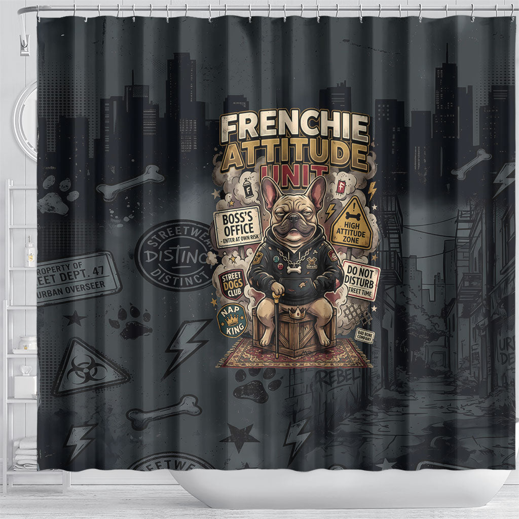 French Bulldog Tiny Body Major Attitude Shower Curtain Urban Streetwear Cool Frenchie Mascot Art
