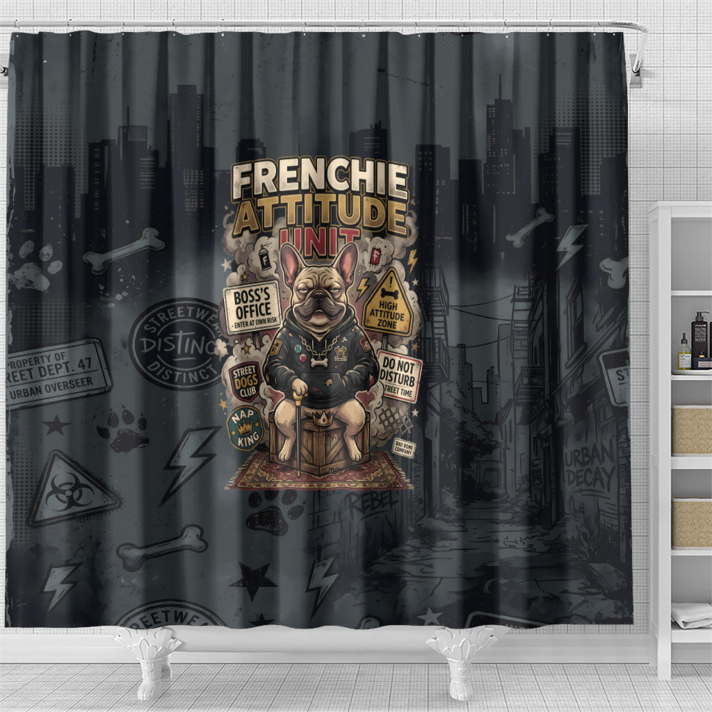 French Bulldog Tiny Body Major Attitude Shower Curtain Urban Streetwear Cool Frenchie Mascot Art