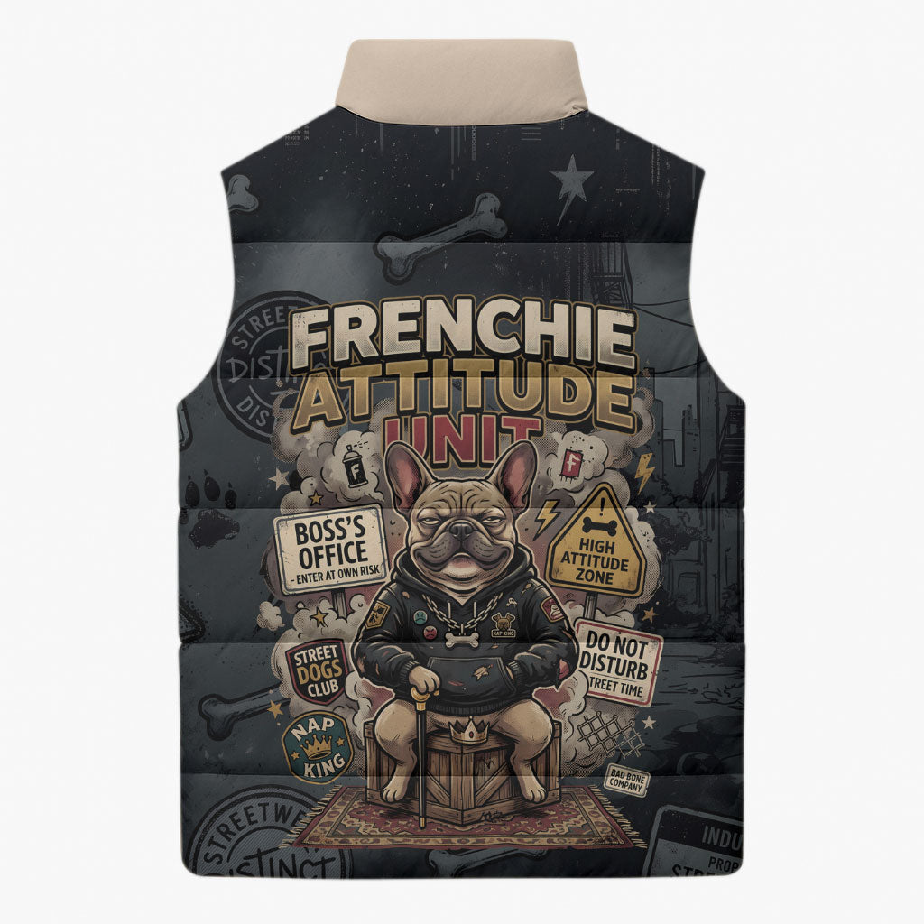 French Bulldog Tiny Body Major Attitude Sleeveless Puffer Jacket Urban Streetwear Cool Frenchie Mascot Art