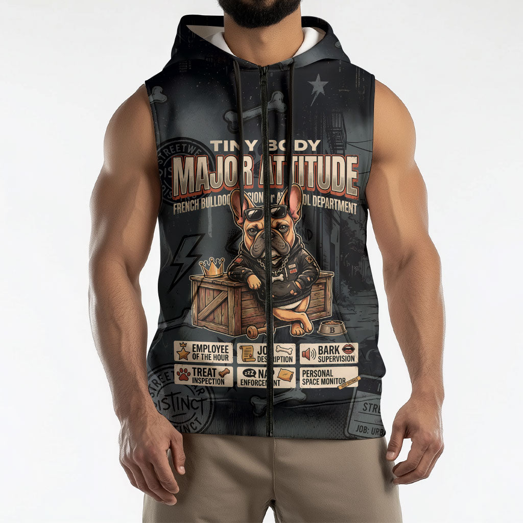 French Bulldog Tiny Body Major Attitude Sleeveless Zip Hoodie Urban Streetwear Cool Frenchie Mascot Art