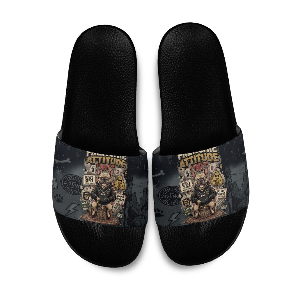 French Bulldog Tiny Body Major Attitude Slide Sandals Urban Streetwear Cool Frenchie Mascot Art