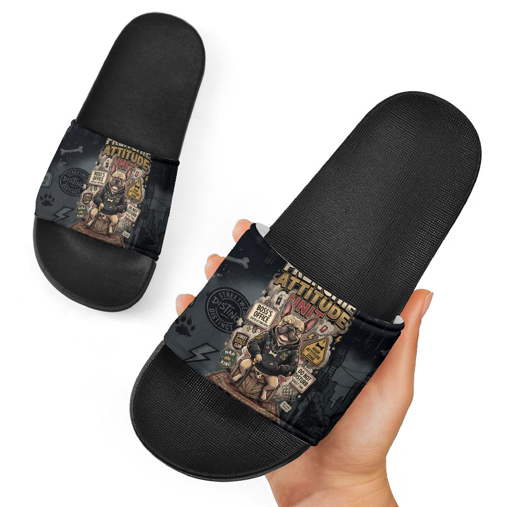 French Bulldog Tiny Body Major Attitude Slide Sandals Urban Streetwear Cool Frenchie Mascot Art