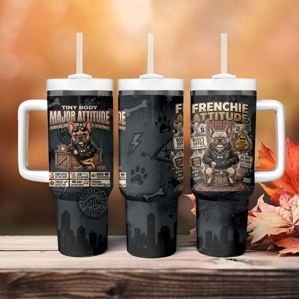 French Bulldog Tiny Body Major Attitude Tumbler With Handle Urban Streetwear Cool Frenchie Mascot Art
