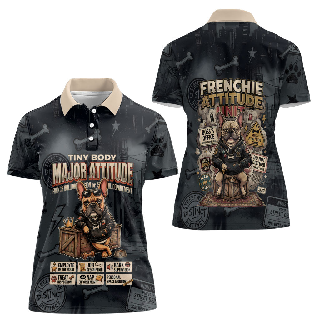 French Bulldog Tiny Body Major Attitude Women Polo Shirt Urban Streetwear Cool Frenchie Mascot Art