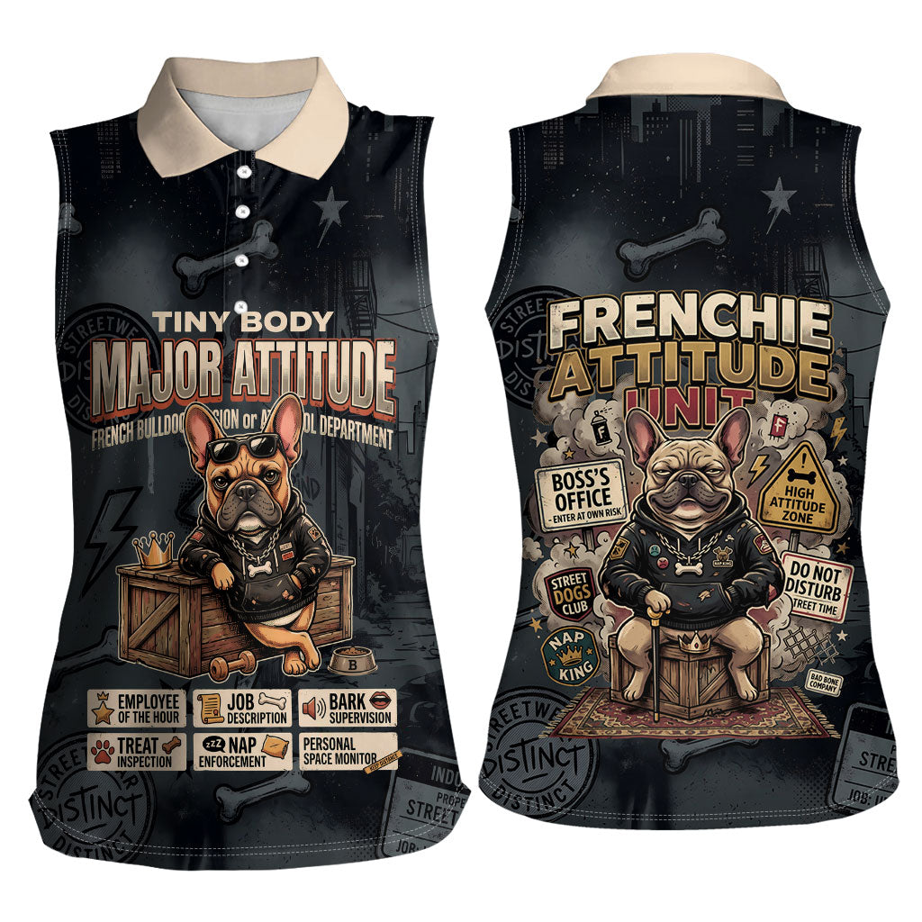 French Bulldog Tiny Body Major Attitude Women Sleeveless Polo Shirt Urban Streetwear Cool Frenchie Mascot Art