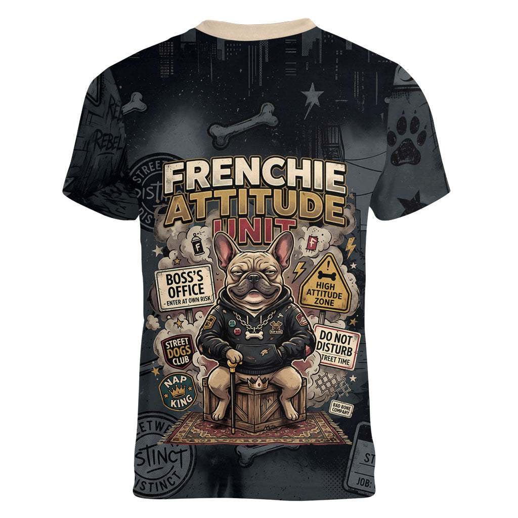 French Bulldog Tiny Body Major Attitude Women V-Neck T-Shirt Urban Streetwear Cool Frenchie Mascot Art