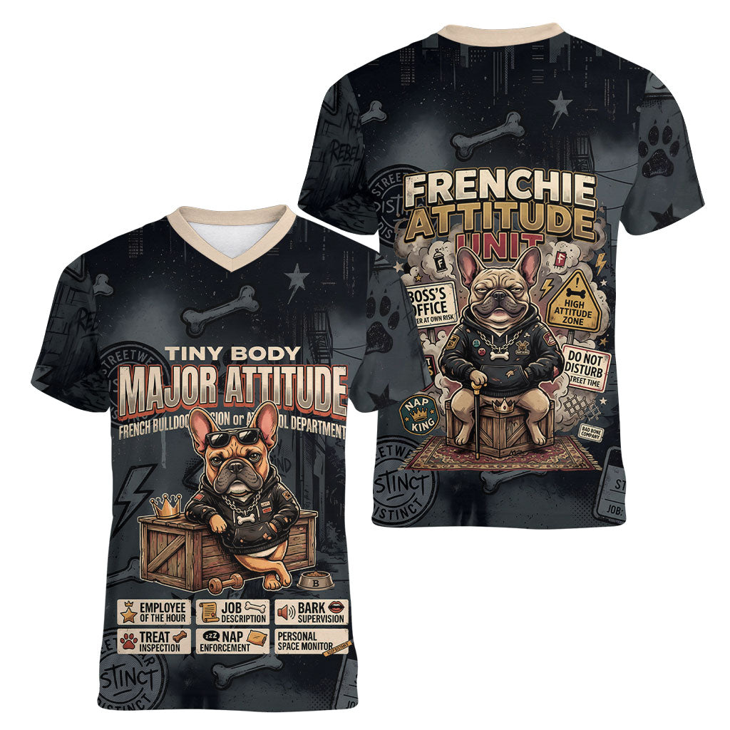 French Bulldog Tiny Body Major Attitude Women V-Neck T-Shirt Urban Streetwear Cool Frenchie Mascot Art