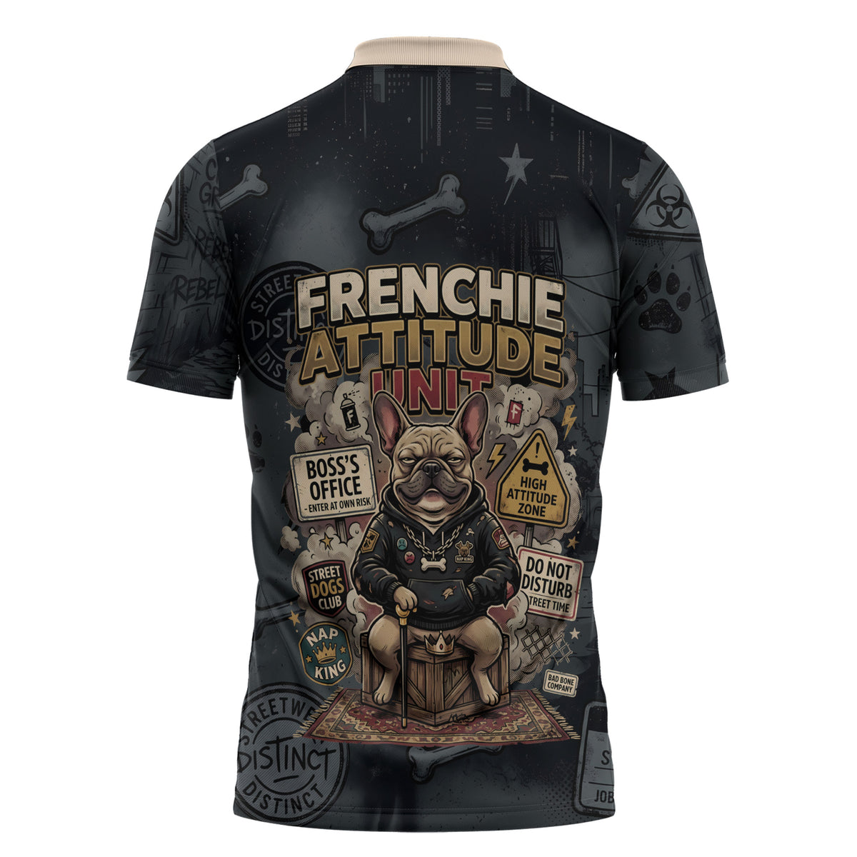 French Bulldog Tiny Body Major Attitude Zipper Polo Shirt Urban Streetwear Cool Frenchie Mascot Art