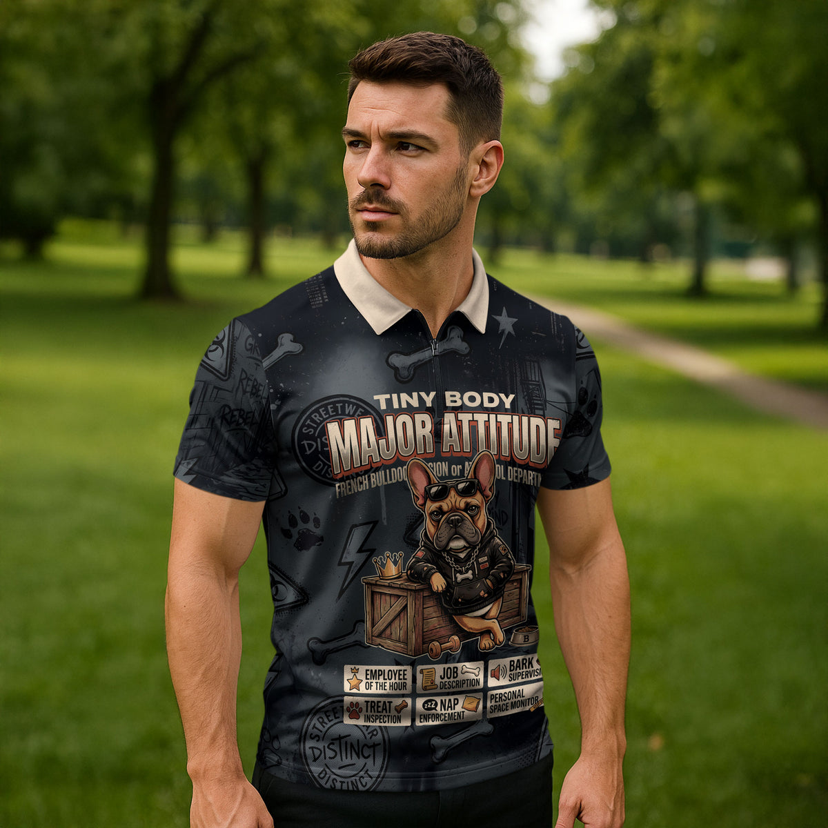 French Bulldog Tiny Body Major Attitude Zipper Polo Shirt Urban Streetwear Cool Frenchie Mascot Art