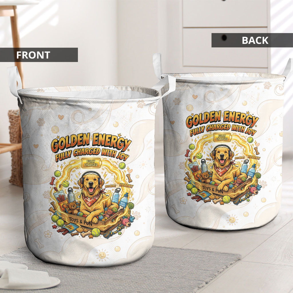 Powered By Golden Energy Laundry Basket Golden Retriever In Toy Retro Comic Crate Art