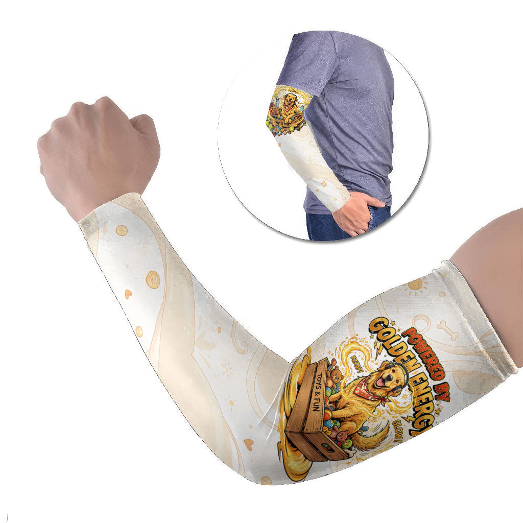 Powered By Golden Energy Arm Sleeves Golden Retriever In Toy Retro Comic Crate Art