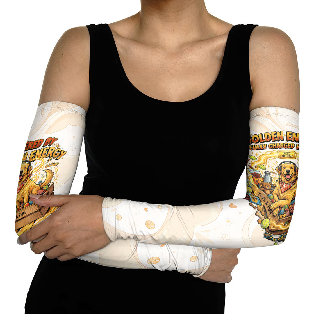 Powered By Golden Energy Arm Sleeves Golden Retriever In Toy Retro Comic Crate Art