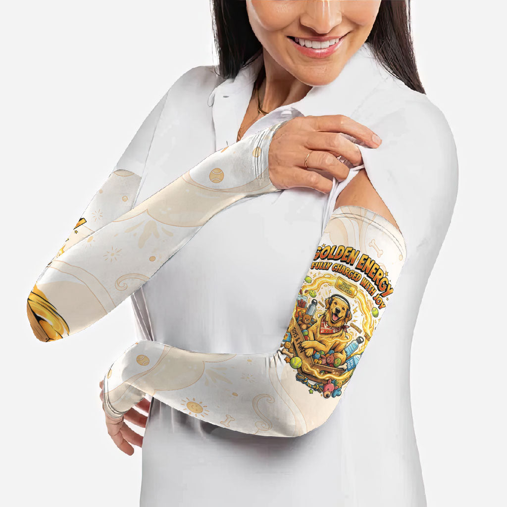 Powered By Golden Energy Arm Sleeves Golden Retriever In Toy Retro Comic Crate Art