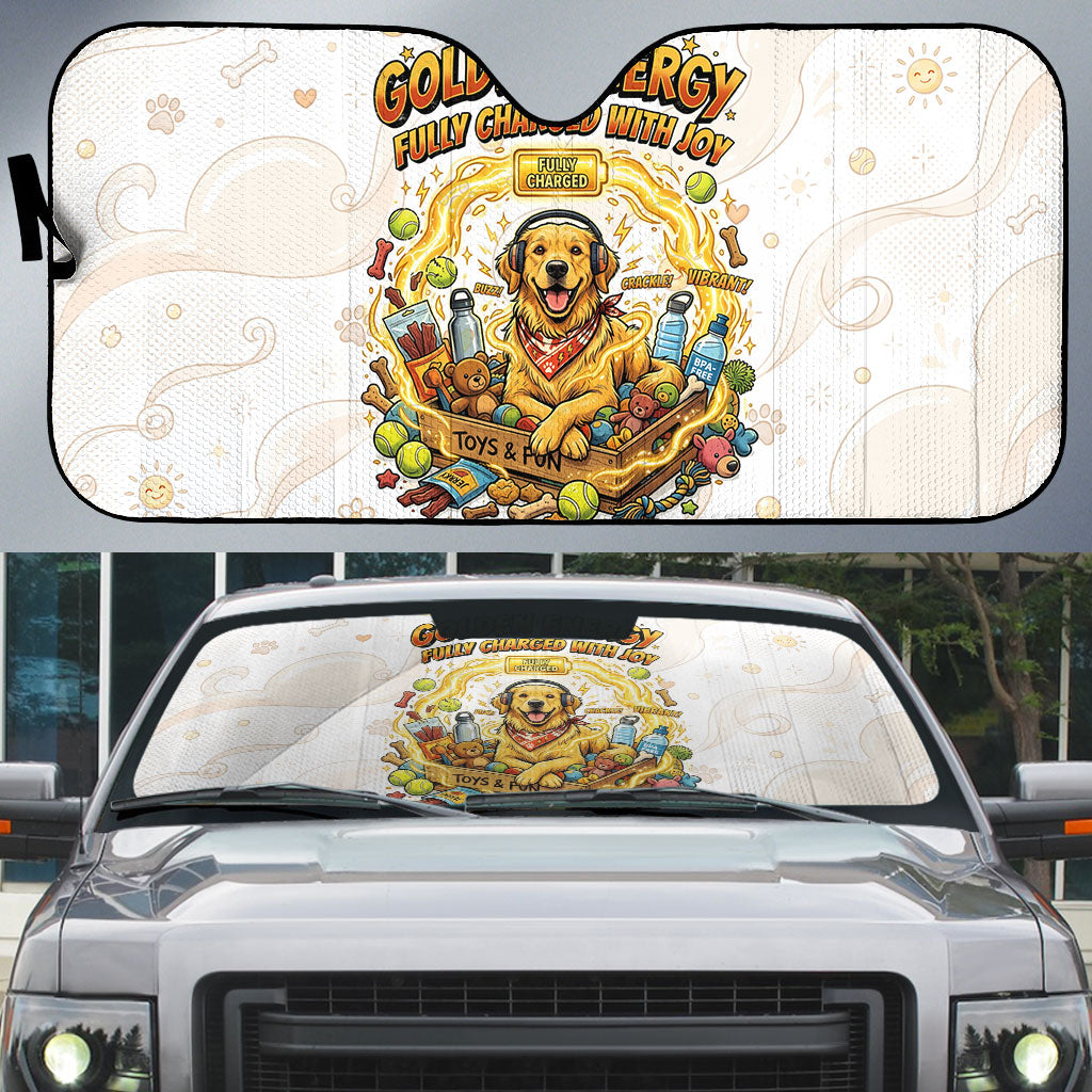 Powered By Golden Energy Auto Sun Shade Golden Retriever In Toy Retro Comic Crate Art