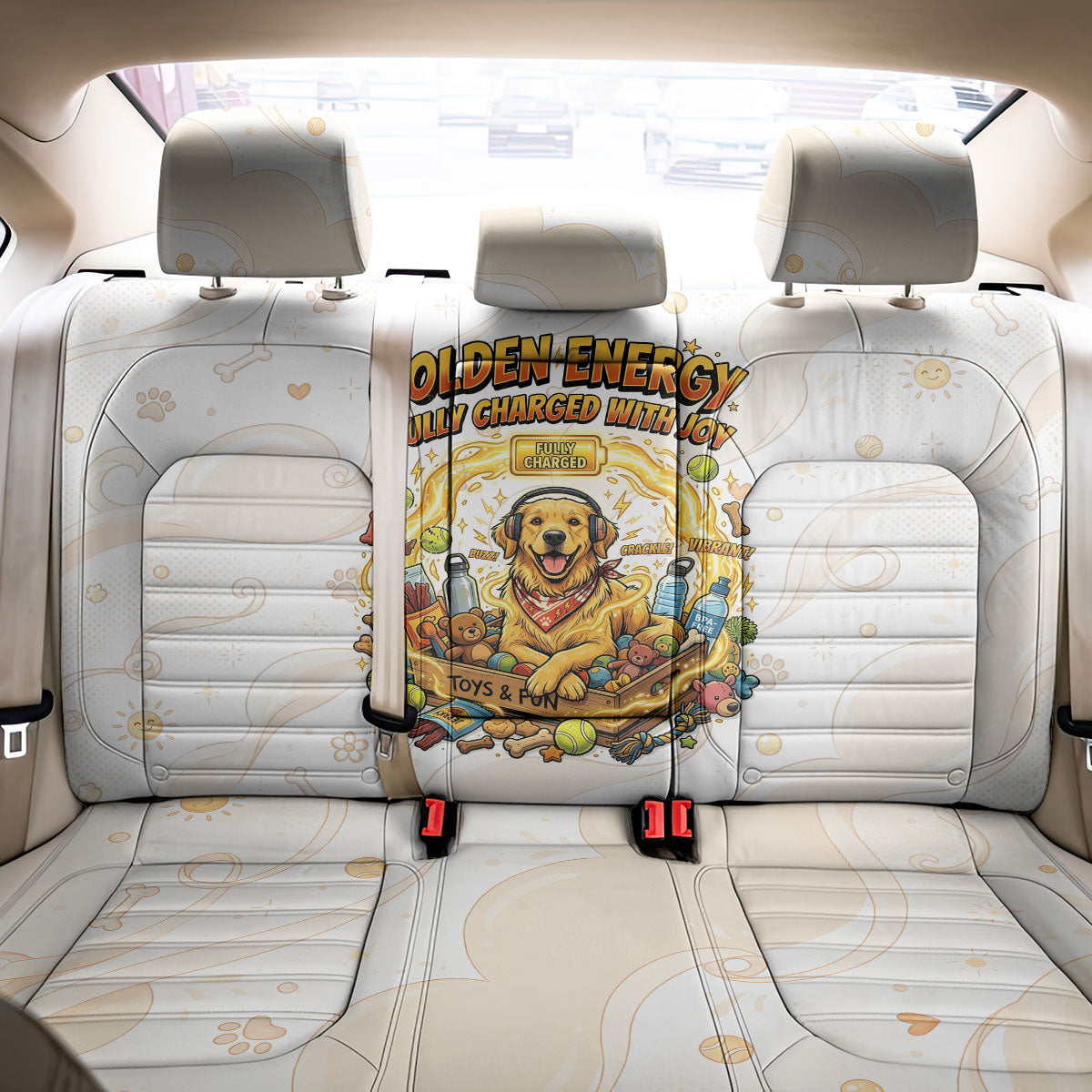 Powered By Golden Energy Back Car Seat Cover Golden Retriever In Toy Retro Comic Crate Art