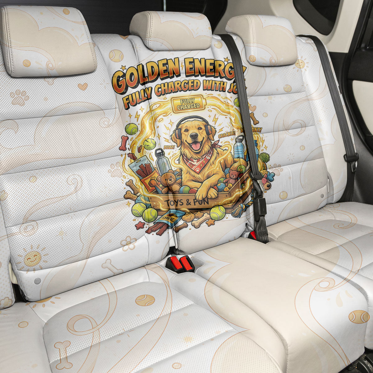 Powered By Golden Energy Back Car Seat Cover Golden Retriever In Toy Retro Comic Crate Art