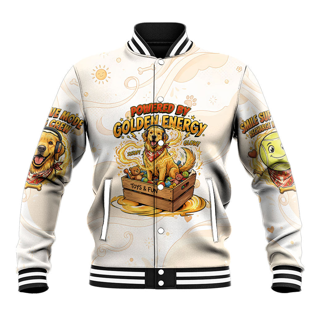 Powered By Golden Energy Baseball Jacket Golden Retriever In Toy Retro Comic Crate Art