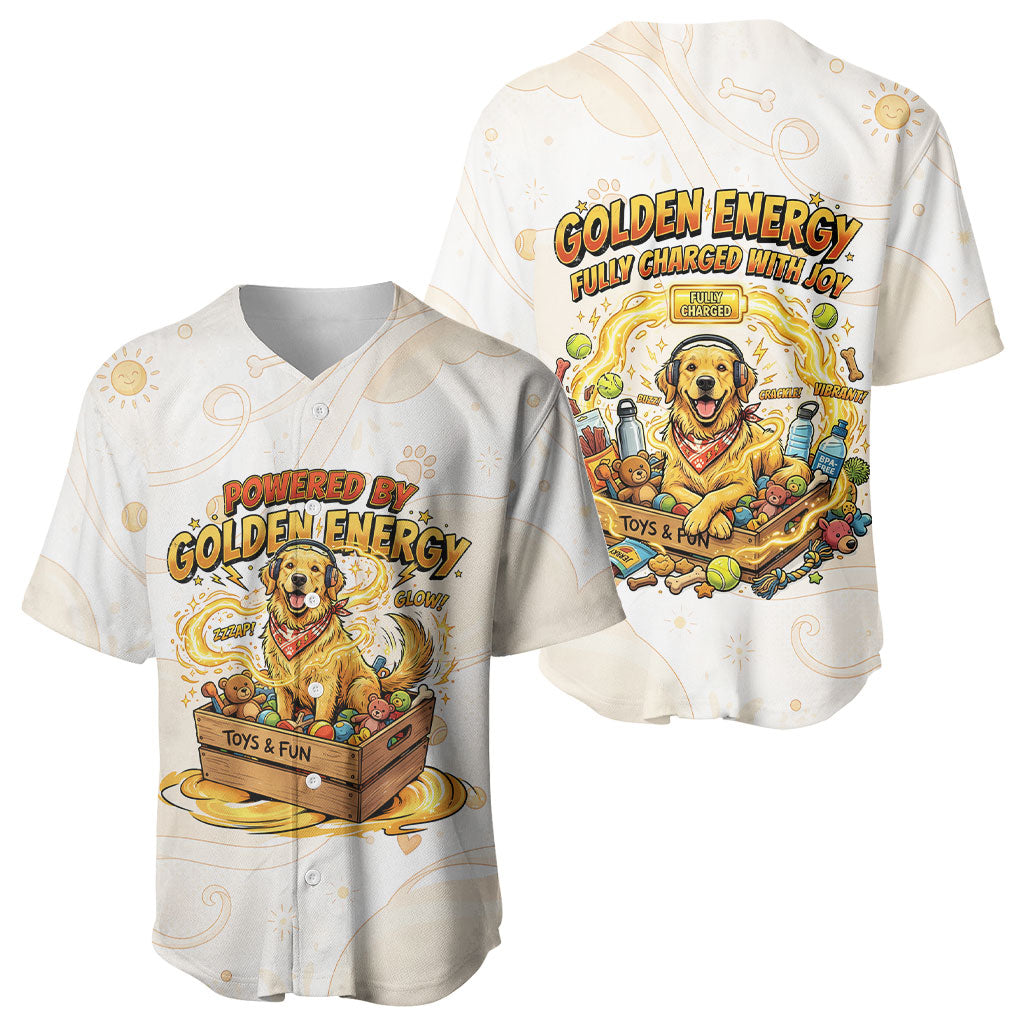 Powered By Golden Energy Baseball Jersey Golden Retriever In Toy Retro Comic Crate Art