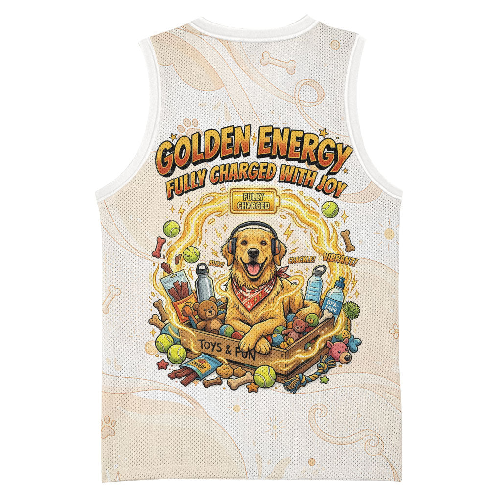 Powered By Golden Energy Basketball Jersey Golden Retriever In Toy Retro Comic Crate Art