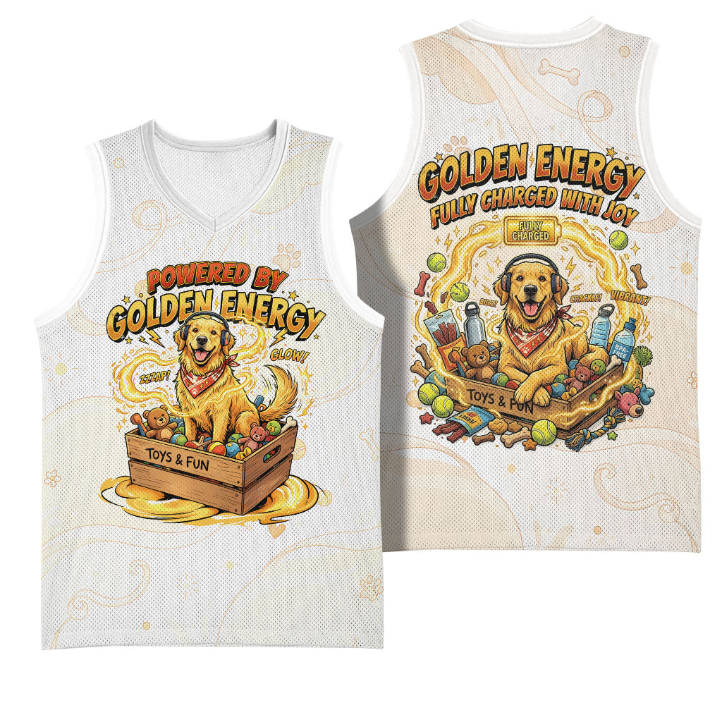 Powered By Golden Energy Basketball Jersey Golden Retriever In Toy Retro Comic Crate Art