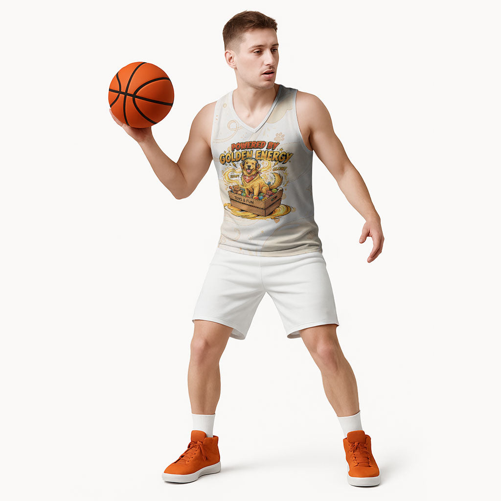Powered By Golden Energy Basketball Jersey Golden Retriever In Toy Retro Comic Crate Art