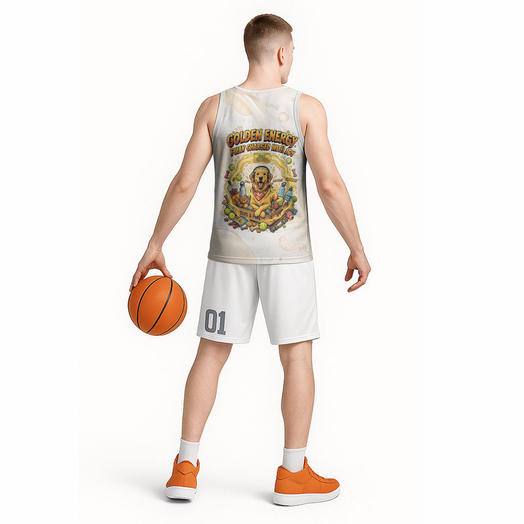 Powered By Golden Energy Basketball Jersey Golden Retriever In Toy Retro Comic Crate Art
