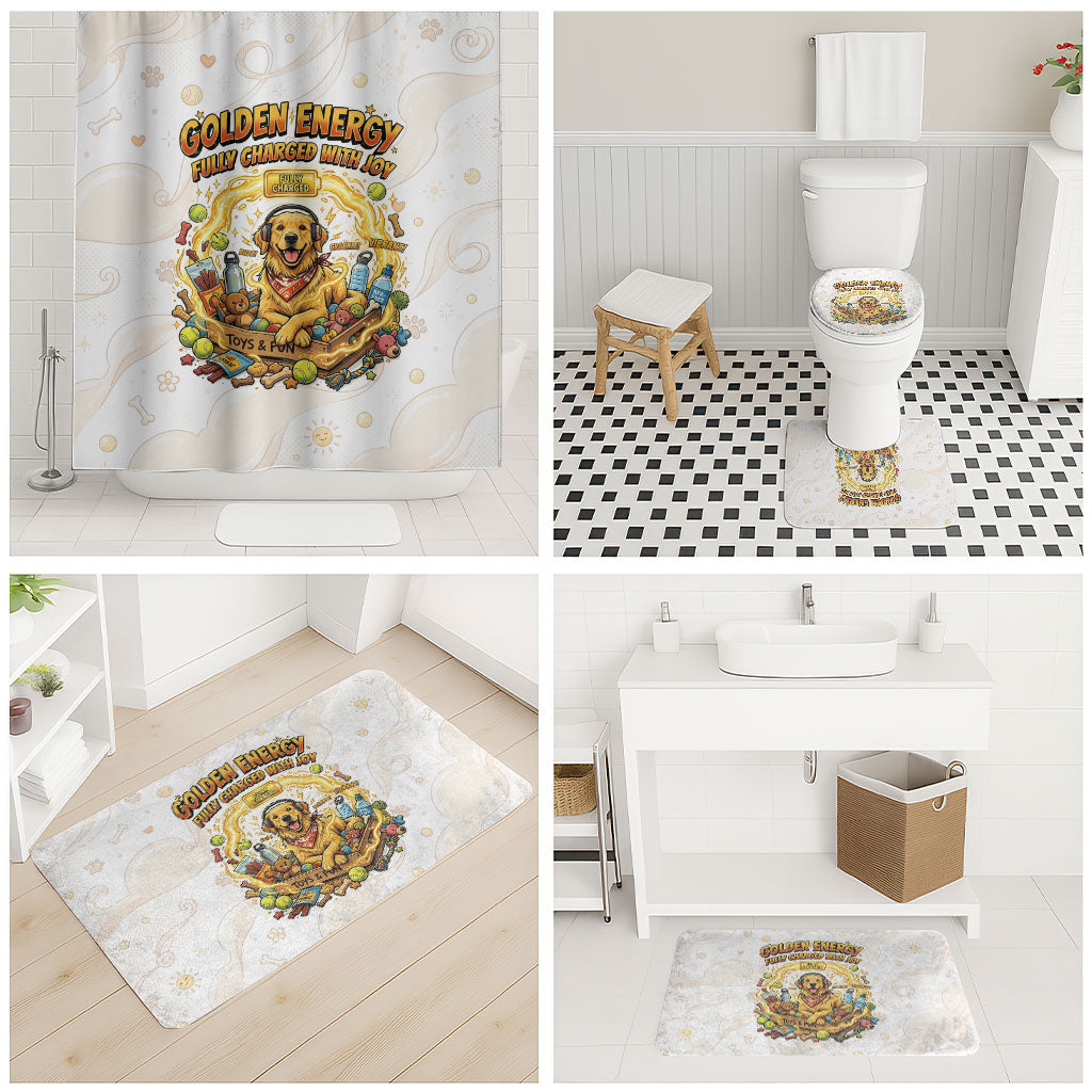 Powered By Golden Energy Bathroom Set Golden Retriever In Toy Retro Comic Crate Art