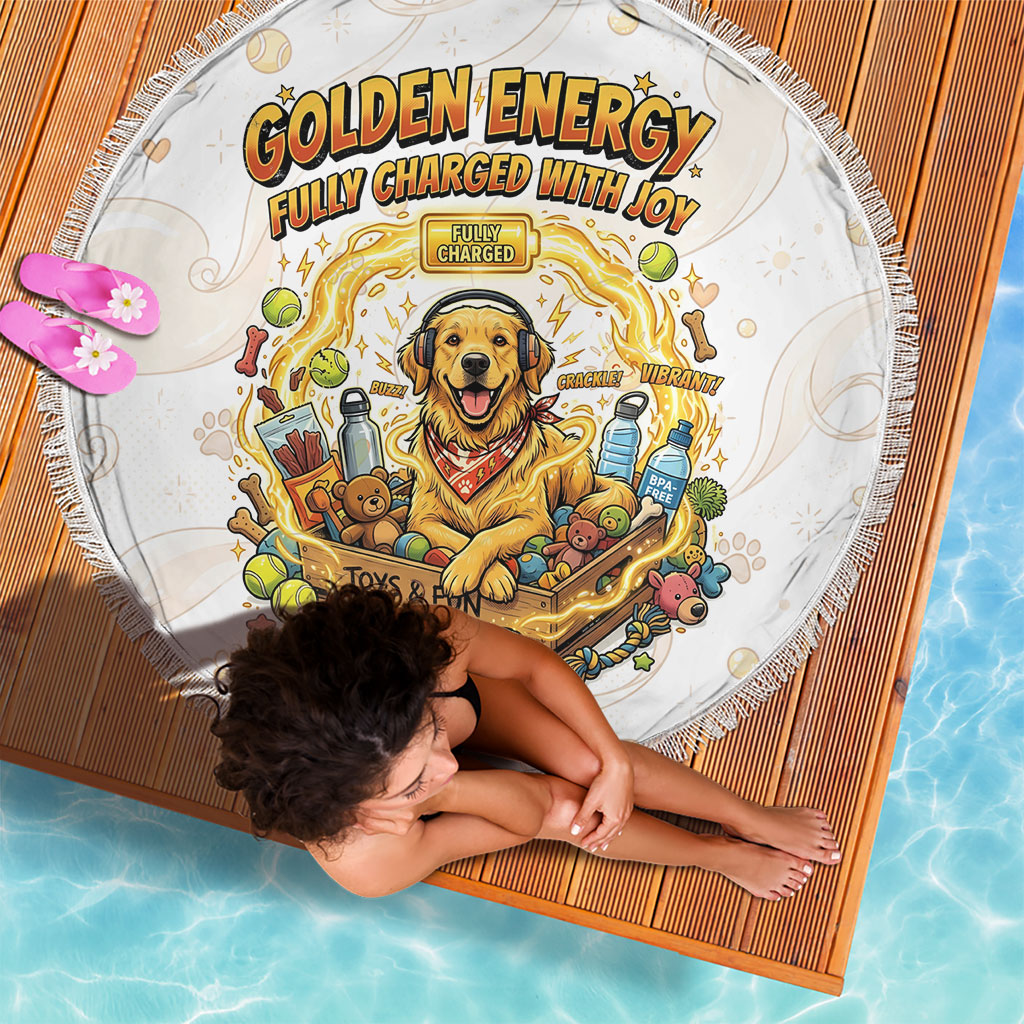 Powered By Golden Energy Beach Blanket Golden Retriever In Toy Retro Comic Crate Art