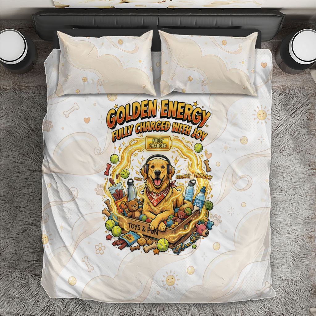 Powered By Golden Energy Bedding Set Golden Retriever In Toy Retro Comic Crate Art