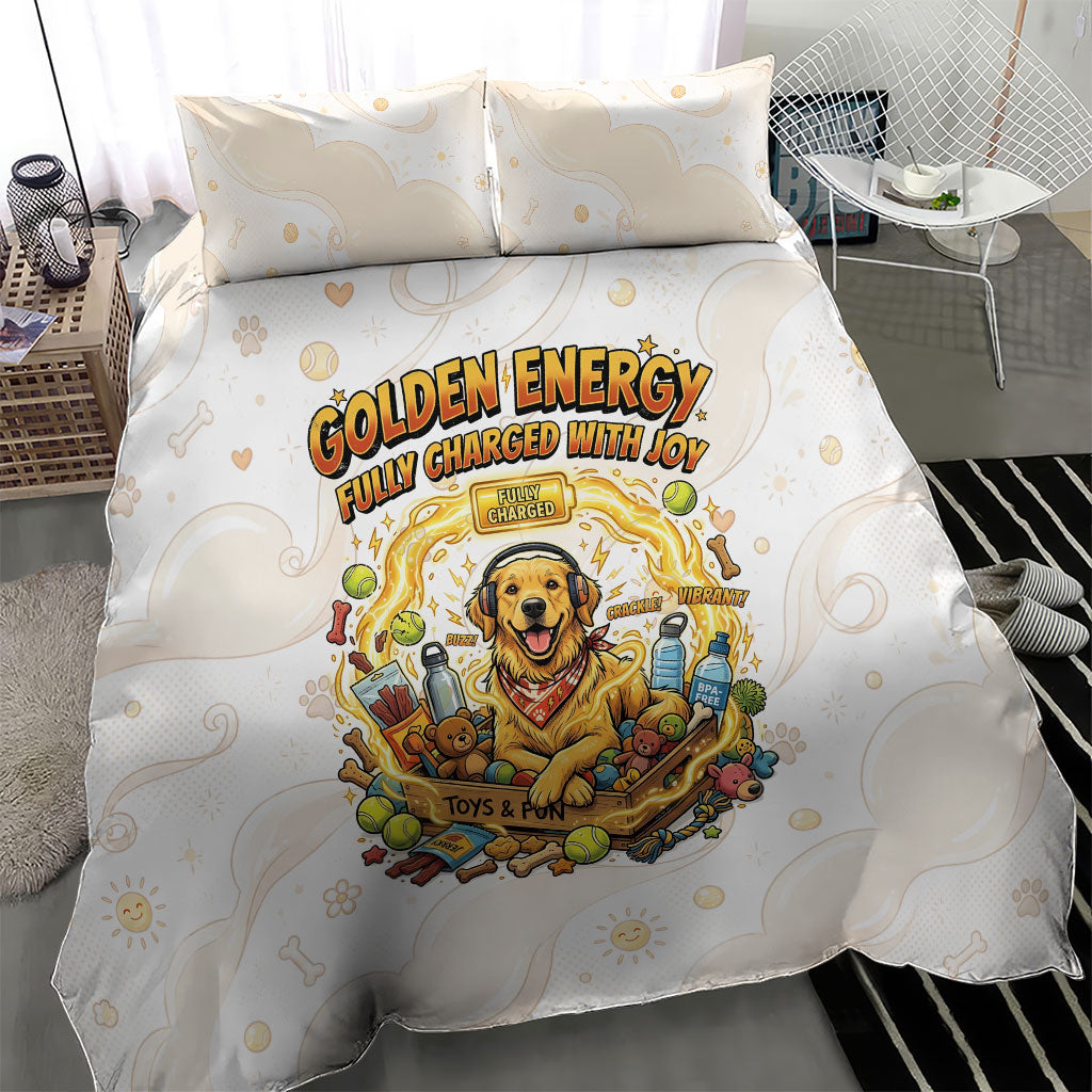 Powered By Golden Energy Bedding Set Golden Retriever In Toy Retro Comic Crate Art