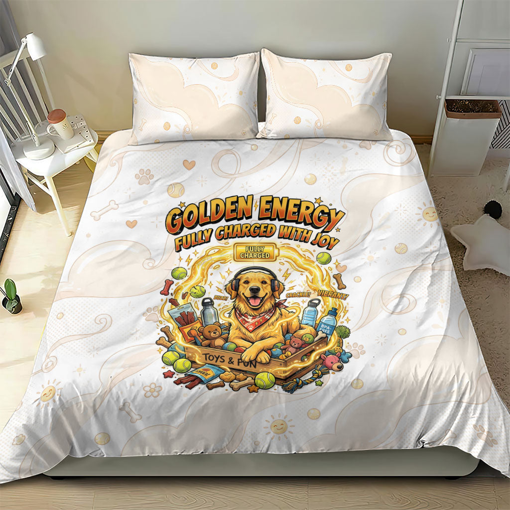 Powered By Golden Energy Bedding Set Golden Retriever In Toy Retro Comic Crate Art