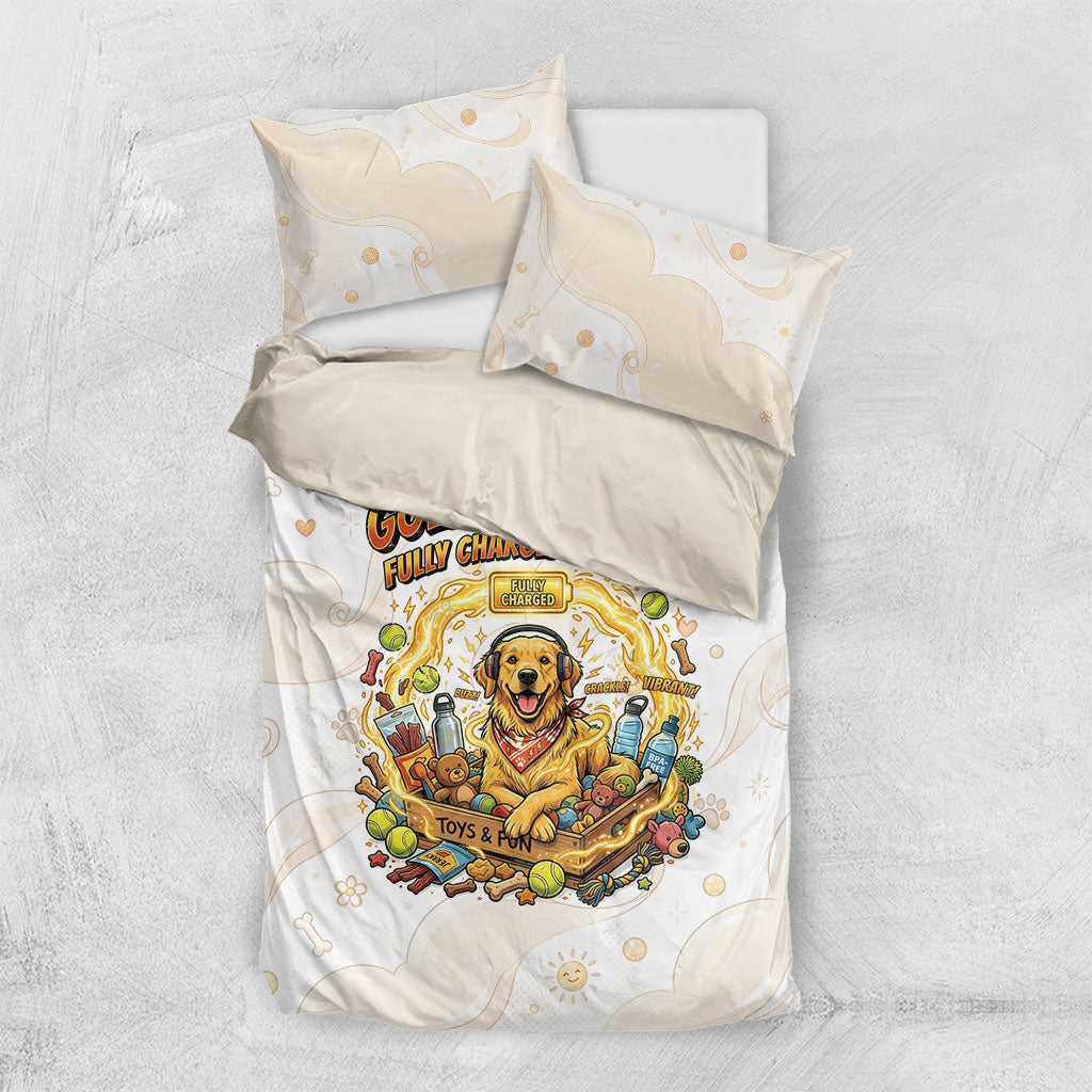 Powered By Golden Energy Bedding Set Golden Retriever In Toy Retro Comic Crate Art