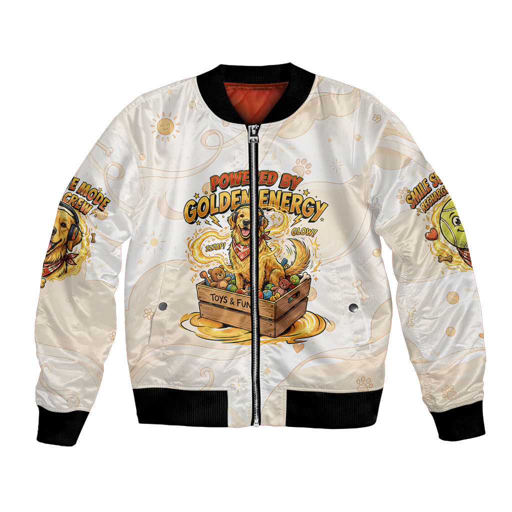 Powered By Golden Energy Bomber Jacket Golden Retriever In Toy Retro Comic Crate Art